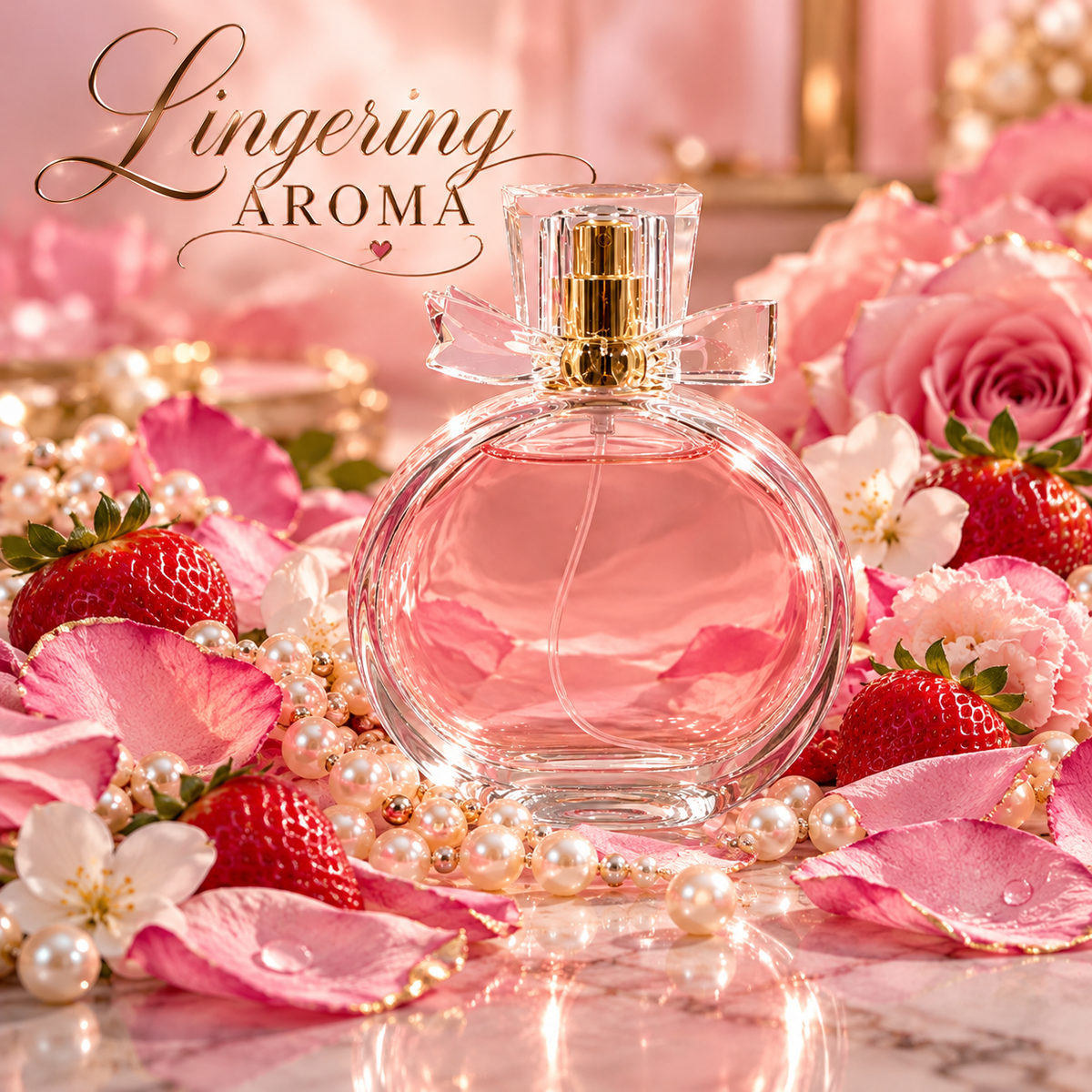 Lingering Aroma blush pink perfume bottle with petals pearls and strawberries